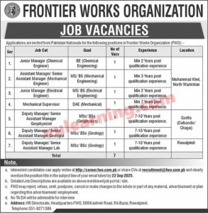 Frontier Works Organization FWO Jobs Apply Online for Engineers, Managers & Others